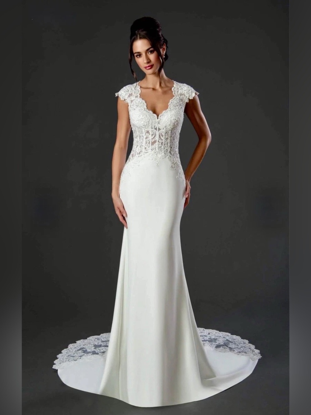 Stella Couture White Lace-Embellished Fitted Bridal Gown